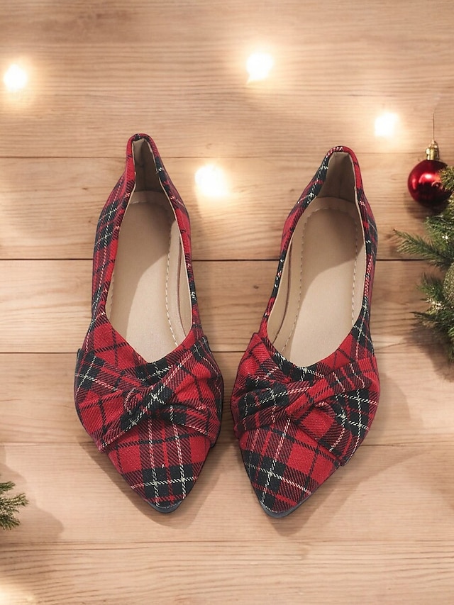  ballerines à carreaux tartan rouges pour femmes – chaussures à enfiler au design noué festif pour les vacances et les tenues décontractées