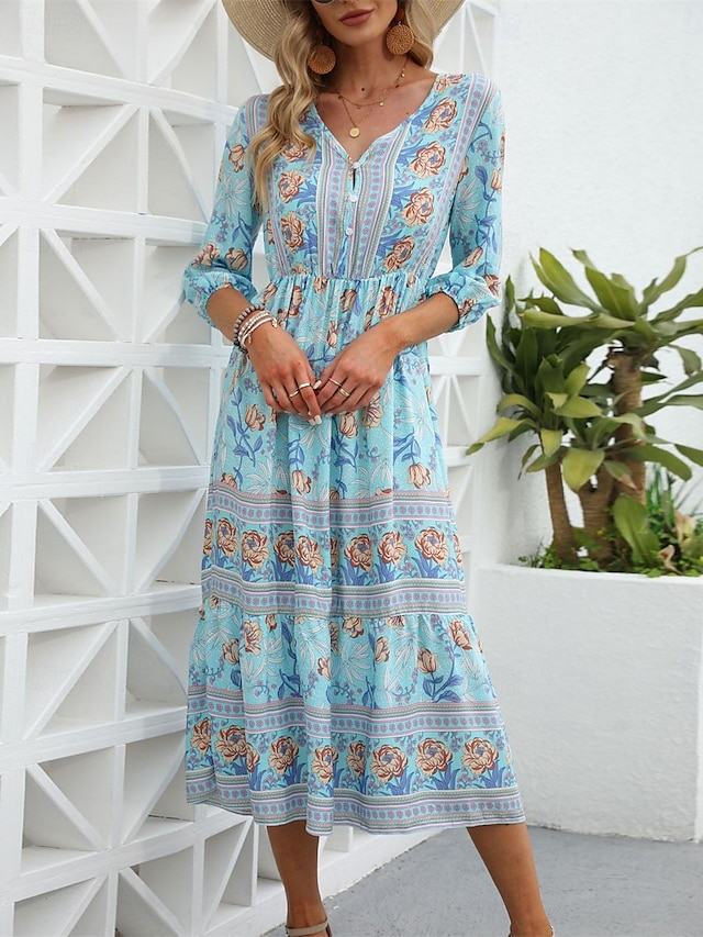  Pentru femei Rochii Midi Rochie casual Rochie leagăn Rochie A line Rochie Boho Casual Zilnic Fit regulat Floral Lungime Manșon 3/4 În V Roz Îmbujorat Albastru piscină Caisă Vară Primăvară Toamnă