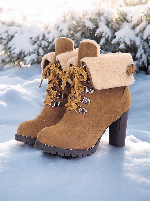 Women's Faux Suede High Heel Winter Boots – Fur-Lined Lace-Up Boots with Chunky Heel for Snow and Cold Weather 9