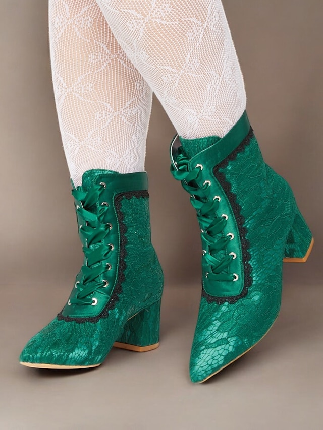  Groene Victoriaanse veterlaarzen voor dames met bloemenkanten overlay en lintstrik – vintage stijl voor speciale gelegenheden