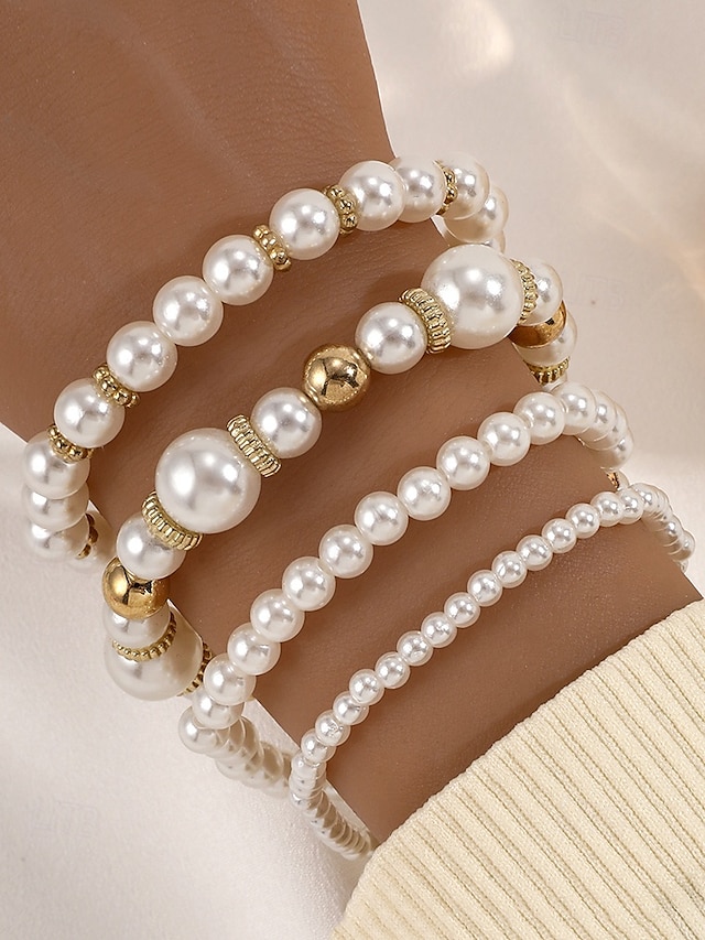  Ensemble de bracelets élégants empilables en perles pour femmes - 4 pièces, ton or, perles d'eau douce, parfait pour les mariages et les fêtes