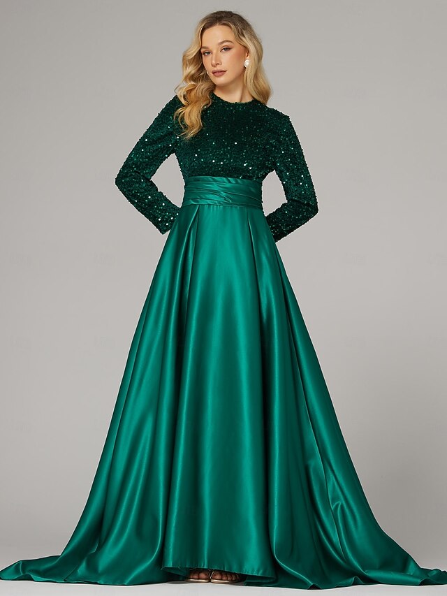 A-Line Evening Gown Elegant Dress Formal Cocktail Party Court Train Long Sleeve High Neck Fall Wedding Guest Satin with Sequin 13