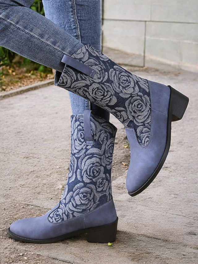 Women's Black Denim and Faux Leather Western Boots with Floral Embroidery - Mid-Calf Cowboy Style for Casual and Outdoor Wear 13