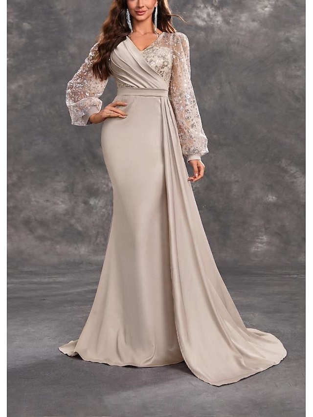  Meerjungfrau  Trompeten-Abendkleid Elegantes Kleid Karneval Hochzeitsgast Gericht Zug Lange Ärmel V-Ausschnitt Nylon mit Glitzer