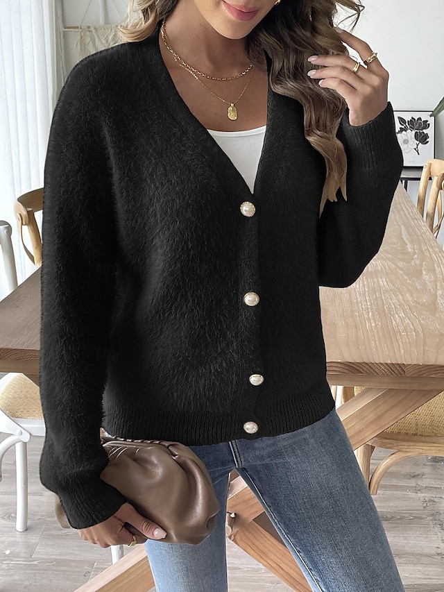  Women's Cardigan V Neck Ribbed Knit Knitted Fall Winter Outdoor Daily Fashion Streetwear Daily Long Sleeve Solid Color Black White