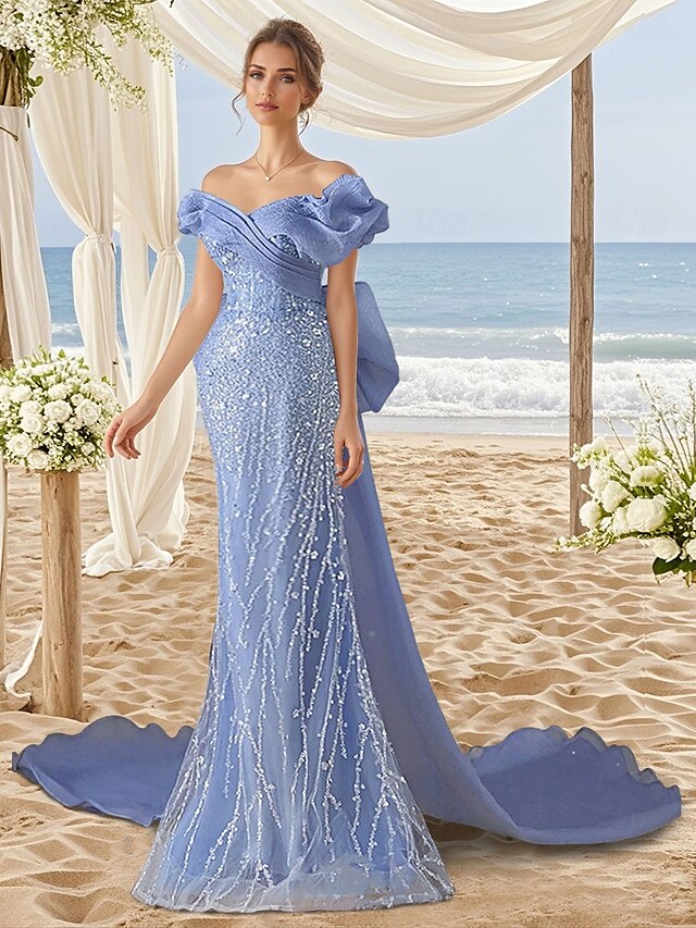  Vestidos de Fiesta Sirena  Trompeta Azules Lentejuelas Encaje Vestido Elegante Boda Invitada de Boda Cola Corte Escote en V Organza con Moño