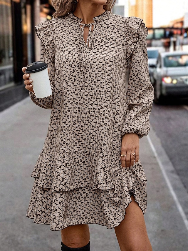 Women's Geometric Stand Collar Mini Dress Long Sleeve Spring Fall 7