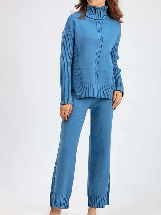 Turtleneck Sweater Co-ords Knitted Fall Winter Home Basic Casual Long Sleeve Solid Color Royal Blue Orange 9