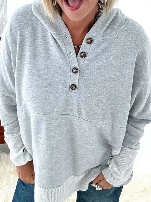 Women's Hoodie Sweatshirt Casual Plain Street Dailywear Hoodie Buttons Pocket Long Sleeve Red Light Grey Dark Gray Fall Winter 6