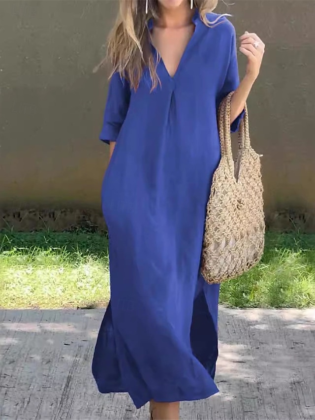  Damen Weißes Kleid Minikleid Tasche Brautkleider schlicht V Ausschnitt 3/4 Ärmel Weiß Blau Khaki Farbe