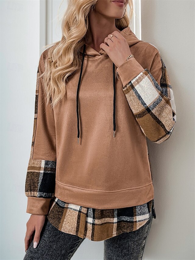  moletom feminino com capuz casual xadrez rua diário moletom com capuz patchwork estampa manga comprida marrom outono inverno