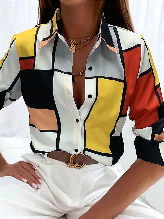 Women's Shirt Button Down Tunic Shirt Collar Long Sleeve Plaid Casual Regular Tops Work Daily s Print Yellow Spring Fall Winter4