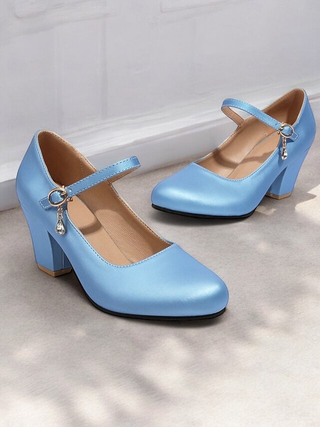 Women's Light Blue Mary Jane Heels with Decorative Buckle Strap and Block Heels – Elegant Footwear for Parties and Formal Events 22