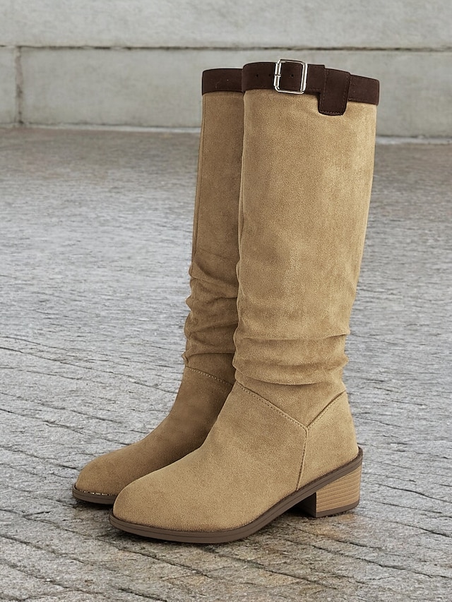 Women's Faux Suede Knee-High Boots with Buckle Detail, Western Style, Casual Fall and Winter Footwear for Everyday Wear 13