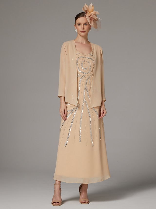  tailleur-pantalon fourreau deux pièces robe de mère de la mariée mariage de plage élégant scintillant&Robe longue en mousseline de soie à paillettes et col en V brillant, longueur cheville,