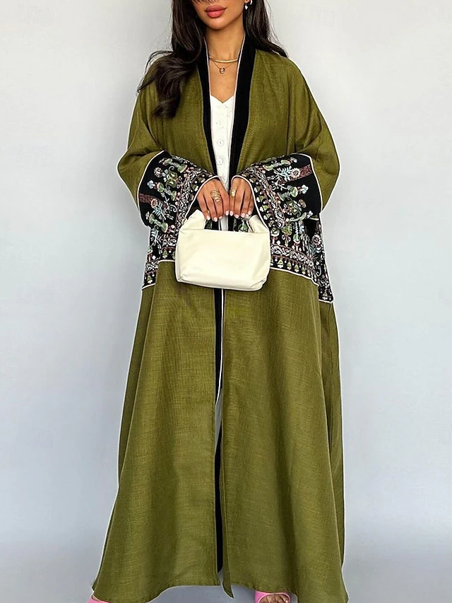 Women's Casual Jacket Daily Wear Summer Spring Fall Maxi Coat Regular Fit Breathable Artistic / Retro Casual Jacket Long Sleeve Floral Embroidered Black Green 11