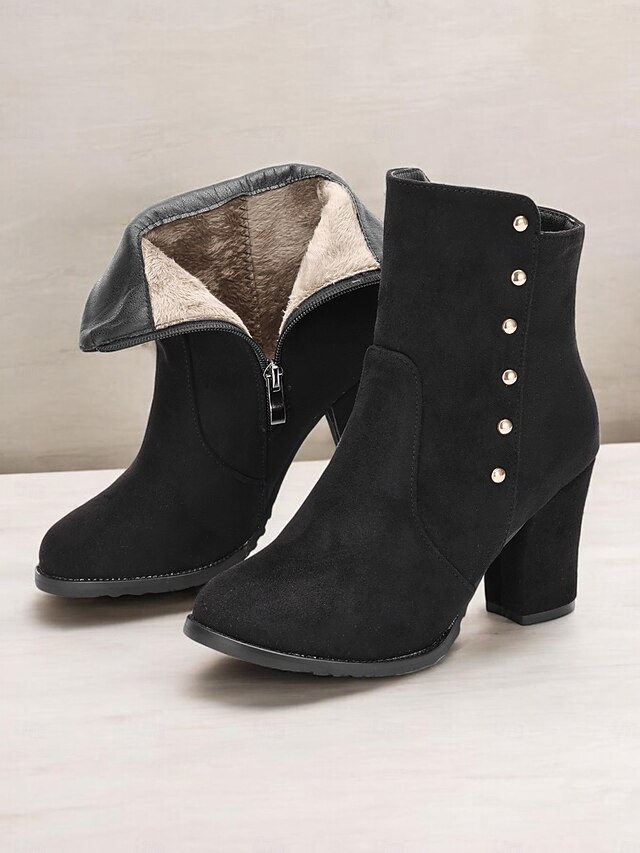 Women's Black Suede Ankle Boots with Faux Fur Lining and Gold Button Accents – Stylish Block Heel Boots for Winter Wear 10