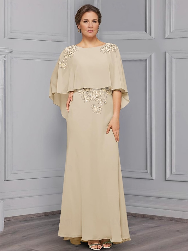  gaine / colonne robe plage mariage mère de la mariée robe élégante col en V longueur au sol en mousseline extensible demi-manche avec dentelle fleur à plusieurs niveaux 2025