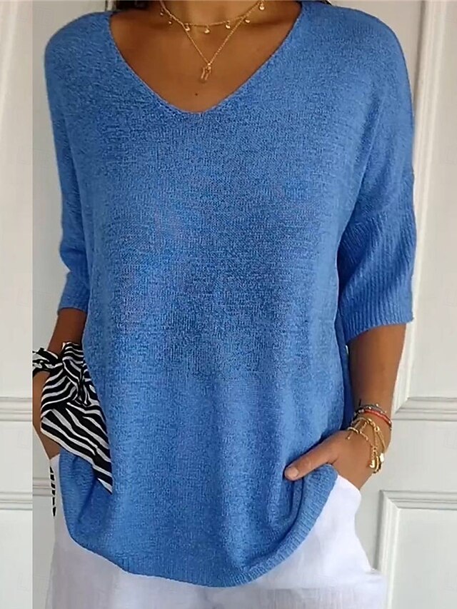Women's Sweater Casual Soft Pure Color Ribbed V Neck Knitted 3/4 Length Sleeve Regular Tops Knit Outdoor Daily Weekend Blue Green Fall4