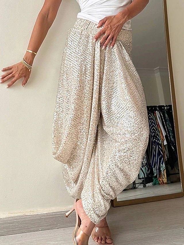 Bloomers Punk Fashion Full Length High Waist Solid Color Sequins Comfy Breathability Soft Micro-elastic Outdoor Street Black Champagne Spring & Fall Loose Fit4