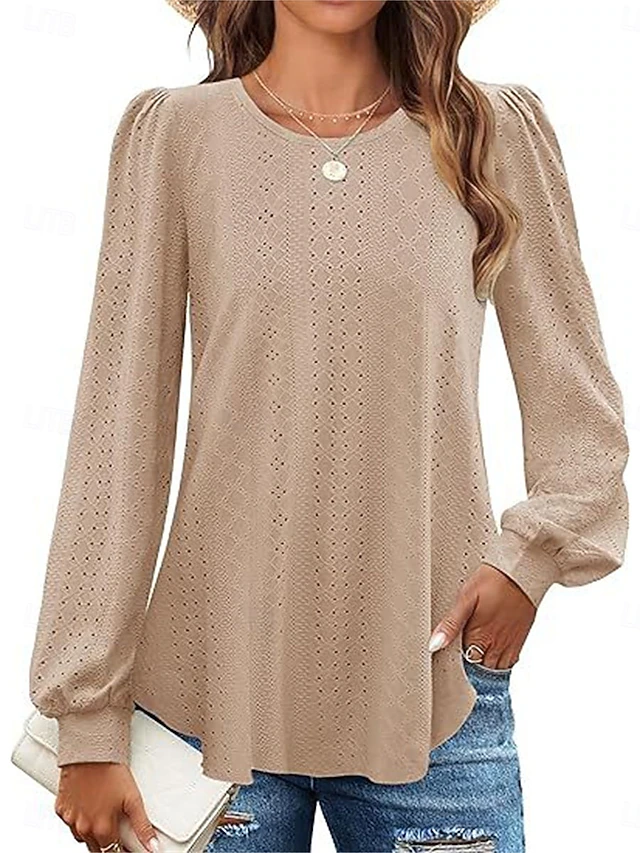 Women's Shirt Blouse Solid Color Basic Casual Long Sleeve Crew Neck Regular Tops Daily Eyelet Pink Green Khaki Fall Winter 16