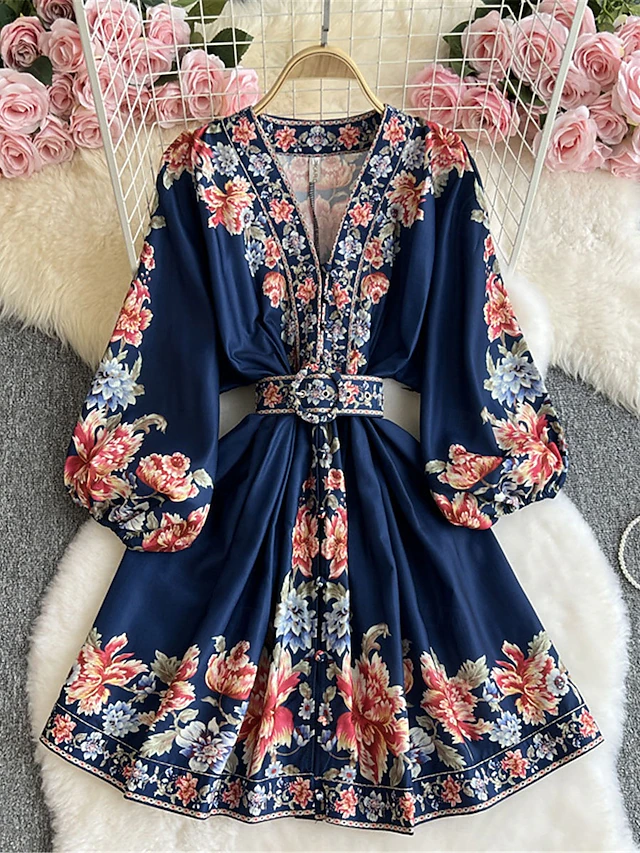 Women's Midi Dress Casual Dress Swing Dress A Line Dress Boho Dress Vintage Casual Daily Regular Fit Floral Long Sleeve V Neck Dark Blue Beige Spring Fall 6