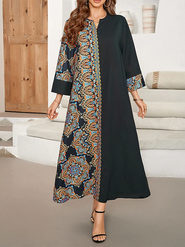 Women's Maxi Dress Casual Dress Kaftan Dress Boho Dress Casual Daily Regular Fit Geometric 3/4 Length Sleeve Notched Neck Black Spring Fall 7