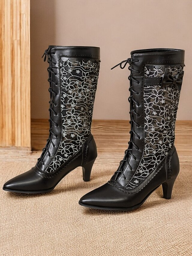 Women's Victorian Lace-Up Boots with Floral Lace Panels, Bow Detailing, and Pointed Toe – Elegant Retro Style for Cosplay, Parties, and Special Occasions 15