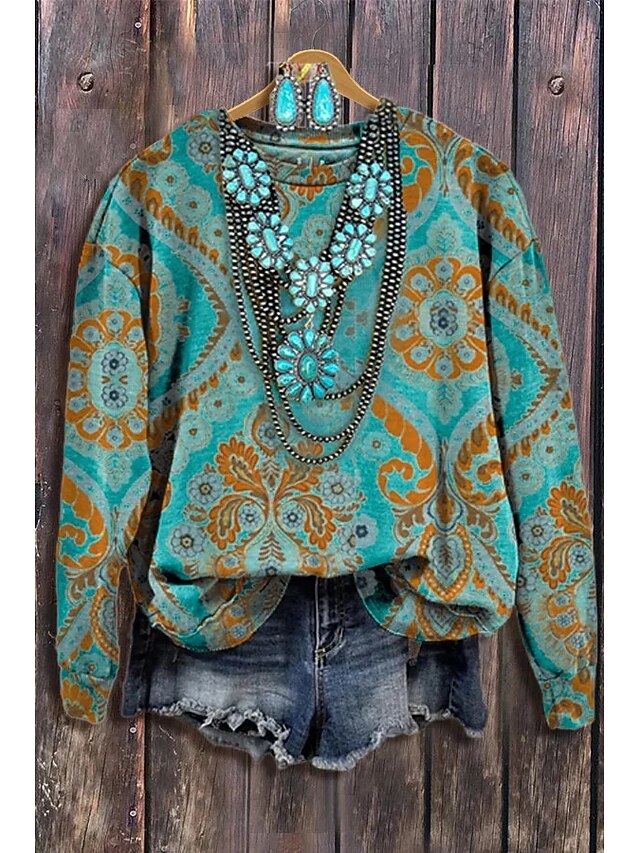 Women's Sweatshirt Vintage Fashion Ethnic Graphic Tie Dye Tribal Home Party Casual Round Neck Patchwork Print Long Sleeve Green Winter Fall & Winter4