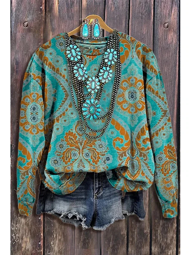 Women's Sweatshirt Vintage Fashion Ethnic Graphic Tie Dye Tribal Home Party Casual Round Neck Patchwork Print Long Sleeve Green Winter Fall & Winter4