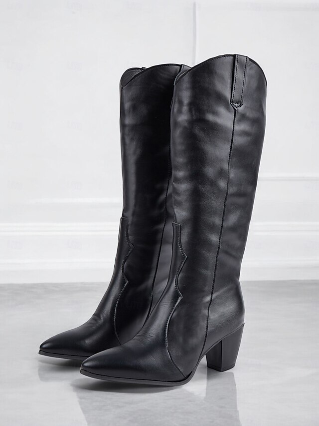 Black Faux Leather Knee-High Western Boots with Pointed Toe and Block Heels – Chic Cowgirl Style for Women 8