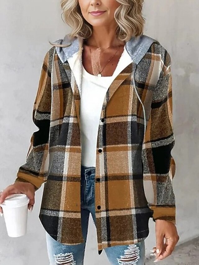 Women's Blazer Work Buttons Plaid Breathable Vintage Regular Fit Outerwear Long Sleeve Fall Wine S4