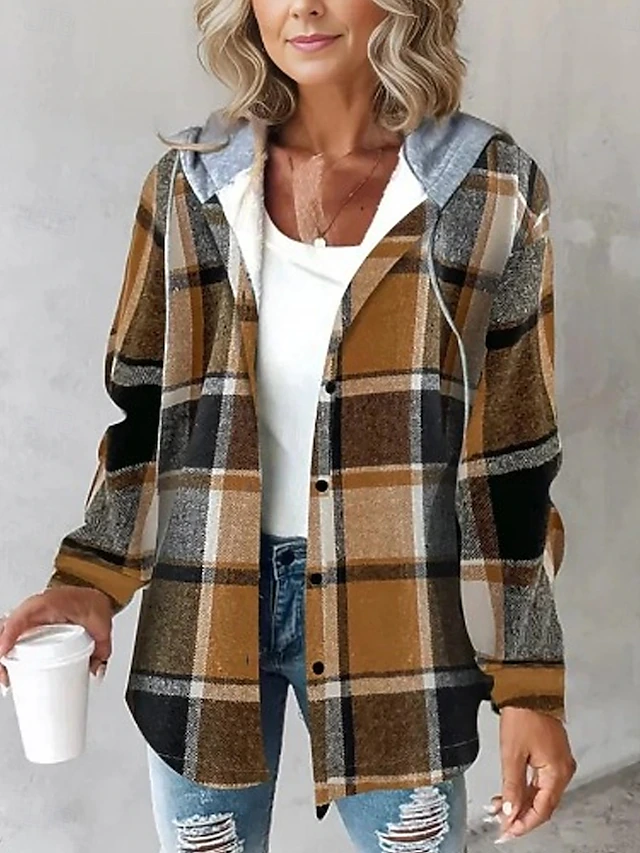 Women's Blazer Work Buttons Plaid Breathable Vintage Regular Fit Outerwear Long Sleeve Fall Wine S4
