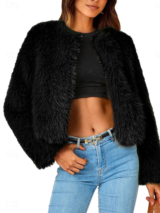  Dame Vinterfrakk Hold Varm Pustende Lapper Elegant Mote Helfarge Fest Cardigan Crewneck Normal Langermet Yttertøy Svart Hvit Kakifarget Høst Vinter