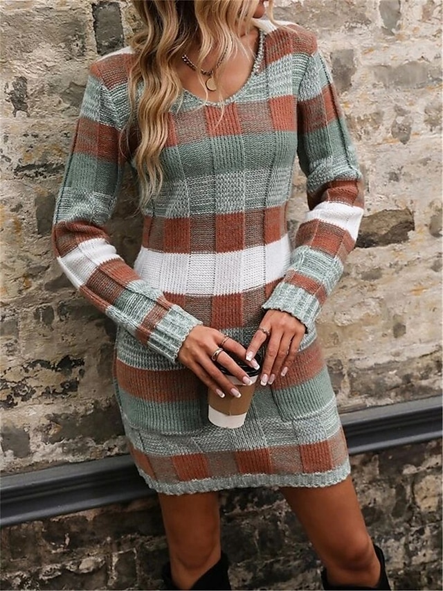  Damen kariertes Maxikleid mit V-Ausschnitt, lange Ärmel, Frühling/Herbst