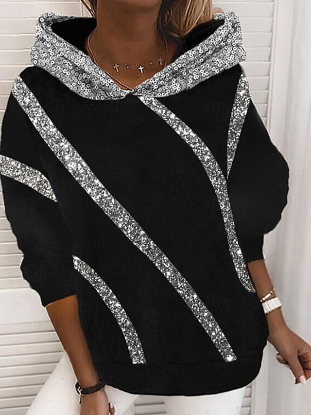  Mulheres Casual Manga Longa Capuz Tops regulares Rua Dia a Dia Paetês Patchwork Preto Cinzento Outono Inverno