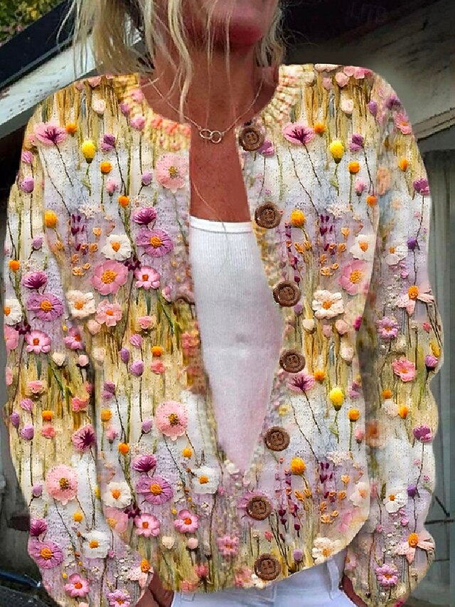 Women's Cardigan Sweater Knitted Ribbed Button Front Round Neck Long Sleeve Lightweight female Daily Floral Graphic Crew Neck Print Regular Tops Knit Weekend Yellow Fall Winter 5