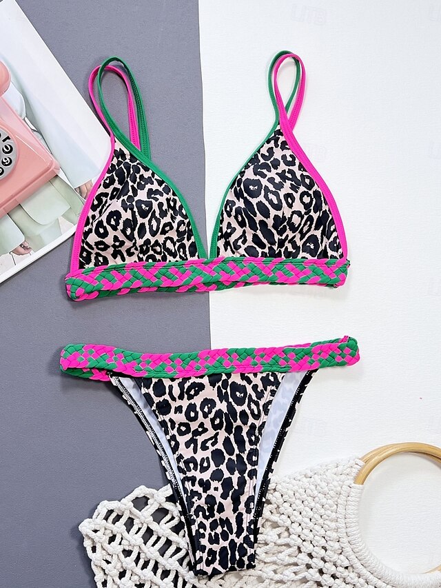  Dam Badkläder Bikini 2 st Kaxig Baddräkt Öppen rygg Smal Semester Standkläder Leopard V-hals Ärmlös Baddräkter
