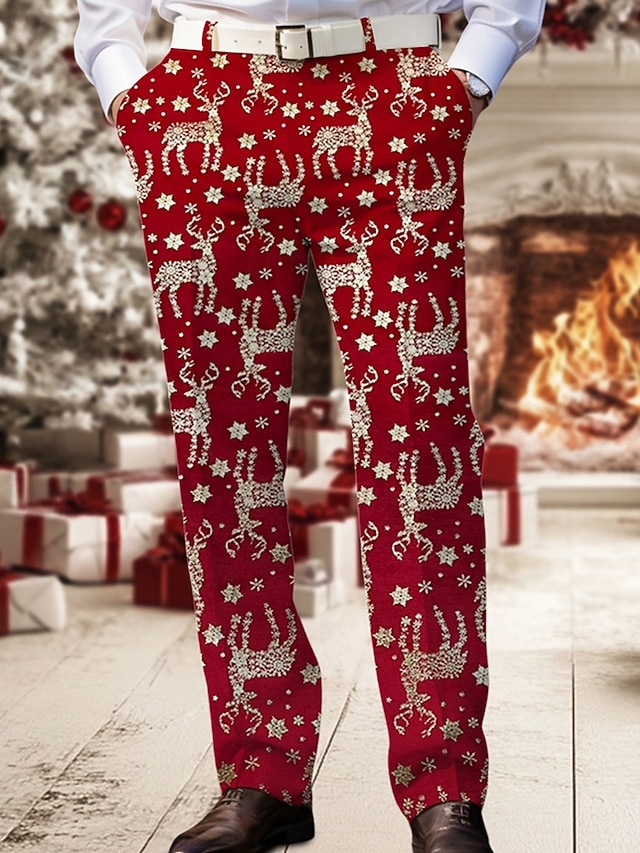  Homens Calças de Natal Social Calças Botões Bolsos Perna reta Veado Conforto Formal Natal O negócio Moda Estilo Clássico Vermelho Micro-Elástica