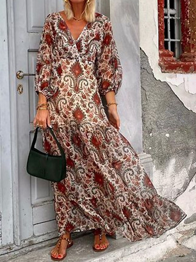  Femme Robe Maxi Robe casual Robe Évasée Robe Trapèze Décontractées du quotidien Standard Cachemire manche longue Col V Vin Eté Printemps Automne