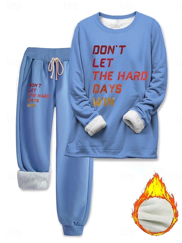  Naisille 2 Palaset Päivittäinen Sweatshirt Fleece Housut Pitkät Hihet Crew Kaula Kirjain Narutulostus Rentoa Musta Vaaleanpunainen Sininen Syksy Normaali Istuvuus