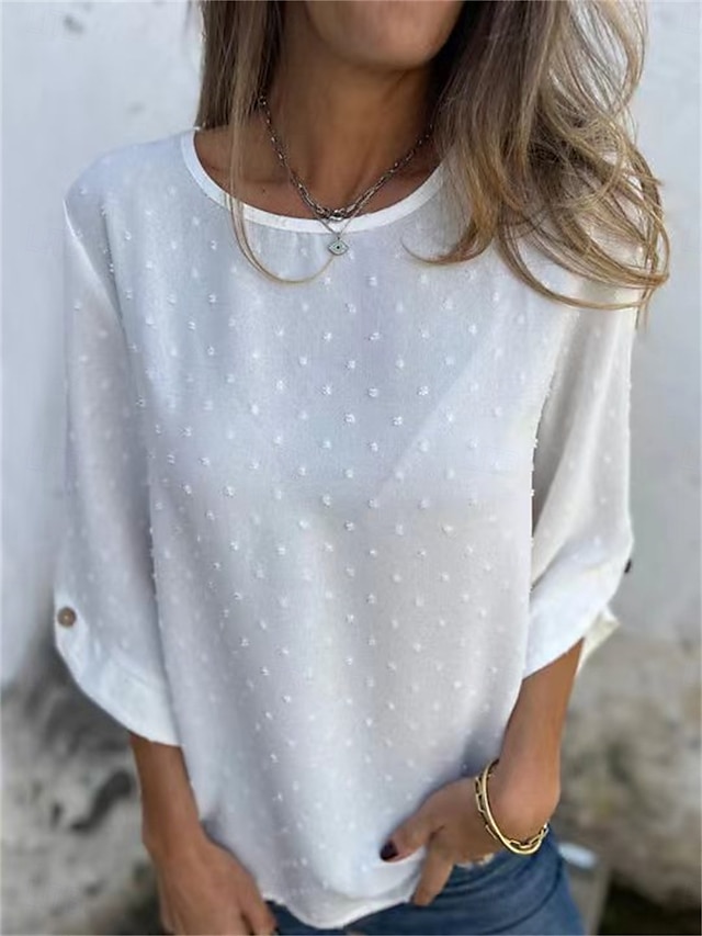  Damen Hemd Bluse Feste Farbe Basic Brautkleider schlicht 3/4 Ärmel Rundhalsausschnitt Normale Oberteile Täglich Knopf Weiß Herbst Winter