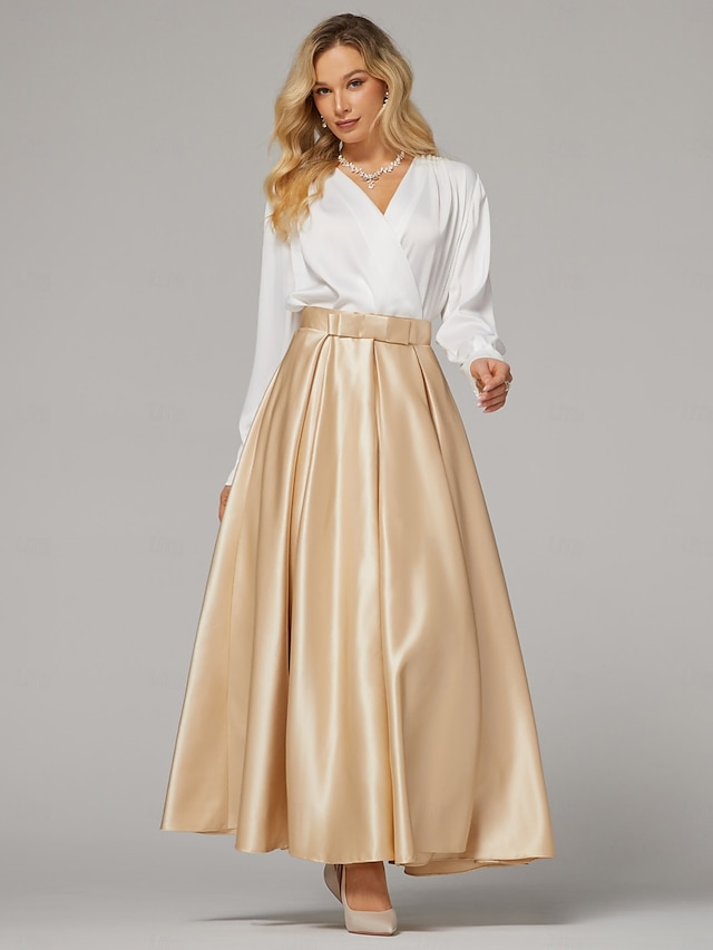  Zwei-Teile Cocktailkleider Elegantes Kleid Hochzeitsfeier Teelängen Langarm V-Ausschnitt Satin mit Falten Kleidern