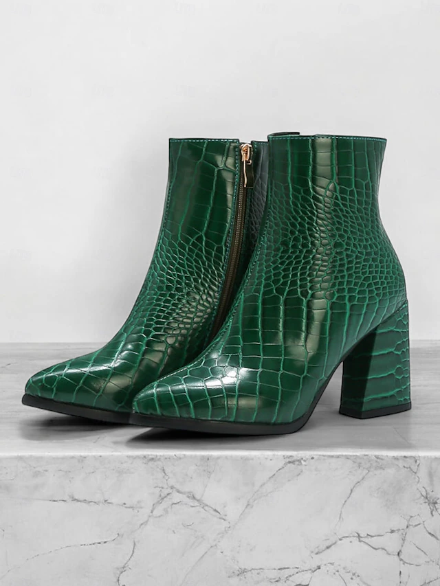 Women's Green Crocodile Embossed Faux Leather Ankle Boots with Block Heel and Pointed Toe - Ideal for Casual or Dressy Occasions 22