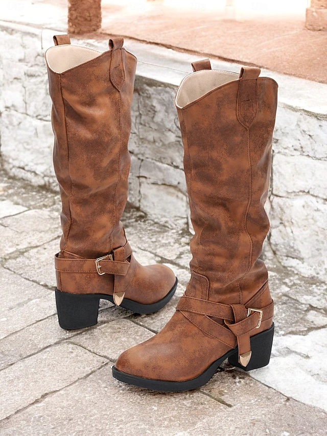 Women's Brown Knee-High Boots with Buckle Details and Block Heels – Stylish Western-Inspired Footwear for Casual and Outdoor Outfits 8