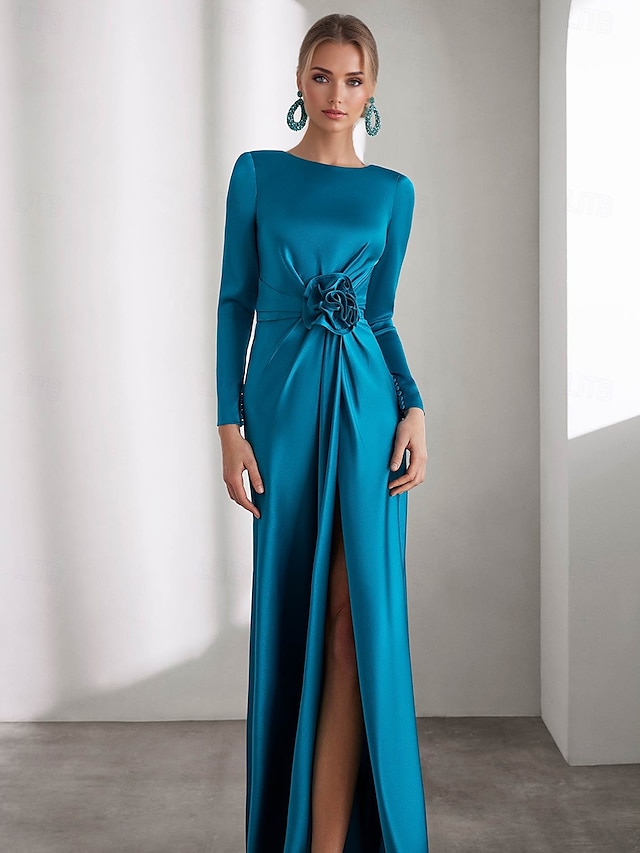  A-Linien Abendkleid Elegantes Kleid Formal Bodenlänglich Langarm Hemdkragen Tasche Stretch Satin mit Schulterblume