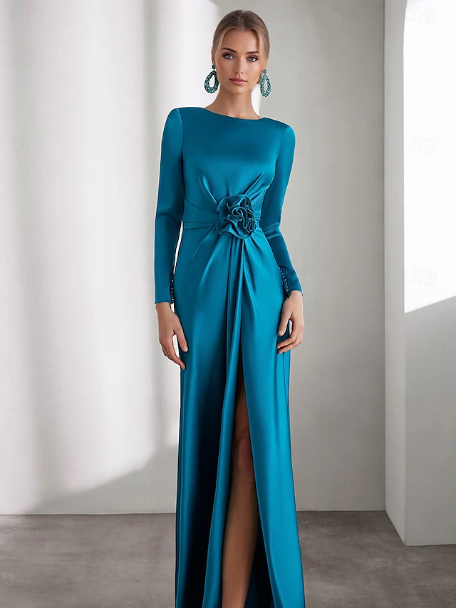 A-Line Evening Gown Elegant Dress Formal Floor Length Long Sleeve Shirt Collar Pocket Stretch Satin with Shouder Flower 5