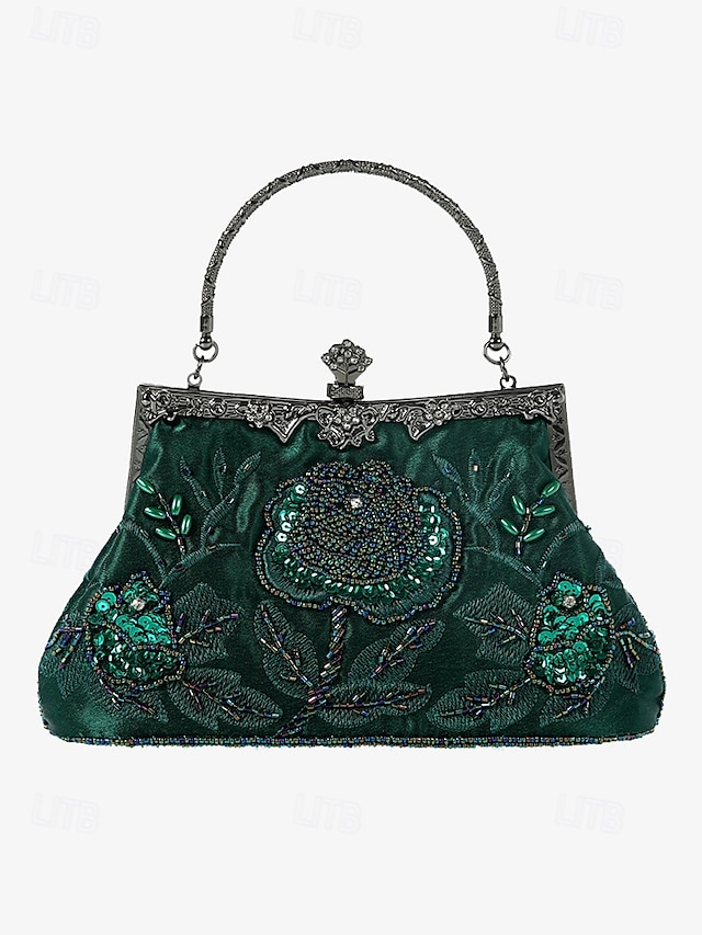  Women's Vintage Green Velvet Handbag with Beaded Floral Embroidery and Metal Frame – Elegant Evening Bag