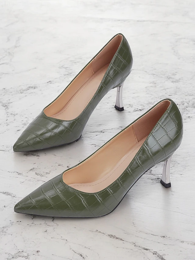 Women's Green Crocodile Embossed Faux Leather Pumps with Stiletto Heel and Pointed Toe - Elegant and Versatile for Work or Night Out 19
