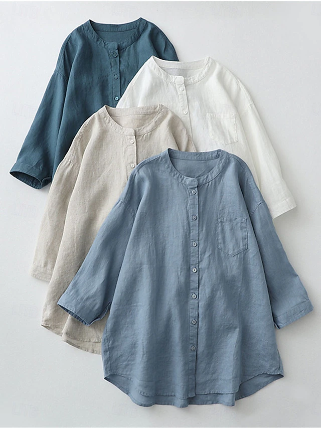 Women's Shirt Cotton Linen Shirts Button Up Blouse Solid Color Basic Casual 3/4 Length Sleeve Turtleneck Regular Tops Daily Buttons White Beige Light Blue Fall Winter 14